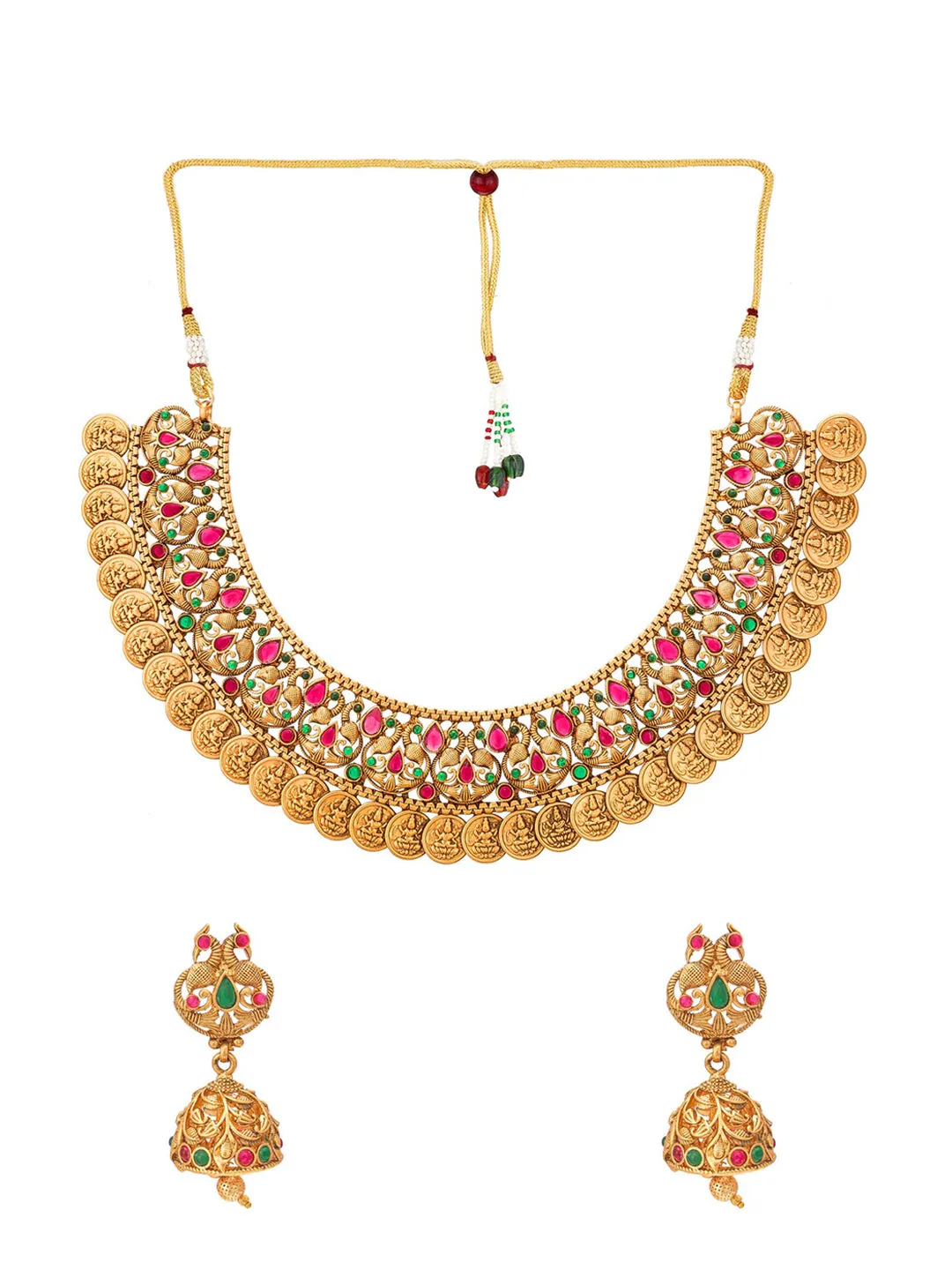 Aadita Gold-Plated Green & Pink Stone-Studded & Pearl Beaded Jewellery Set