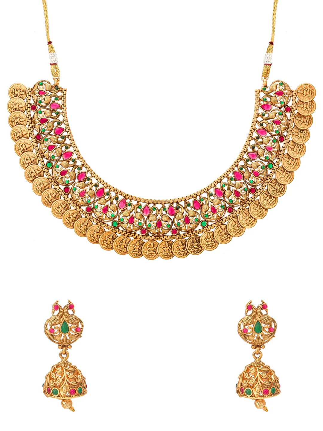 Aadita Gold-Plated Green & Pink Stone-Studded & Pearl Beaded Jewellery Set