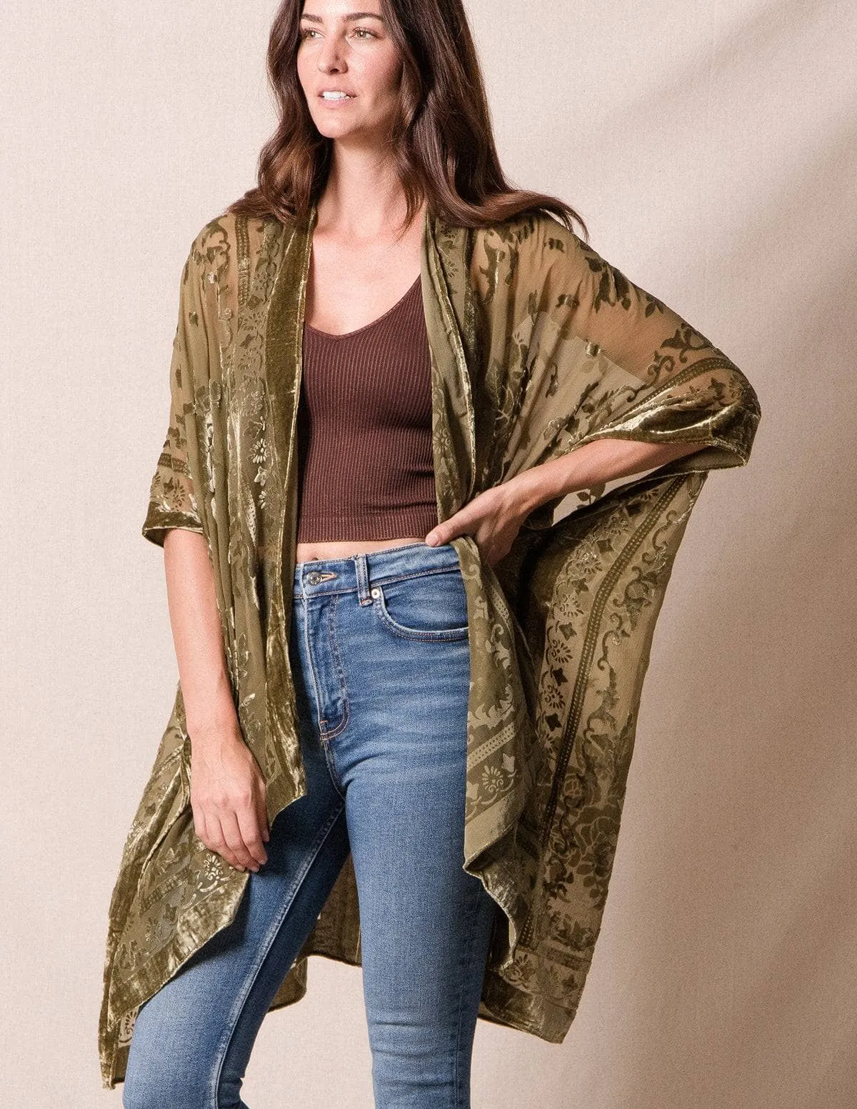 Ariana Velvet Kimono Wrap - Olive