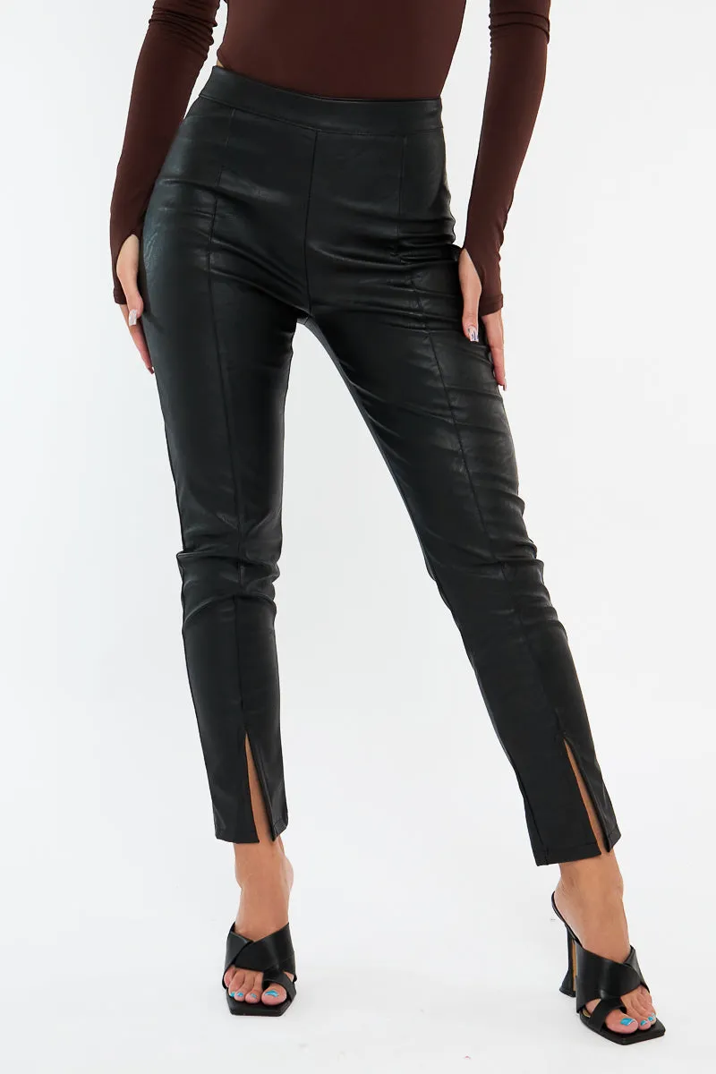 Black PU Leather Front Slit Trousers - Caro