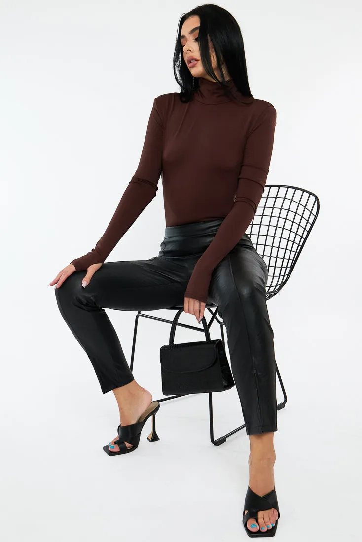 Black PU Leather Front Slit Trousers - Caro