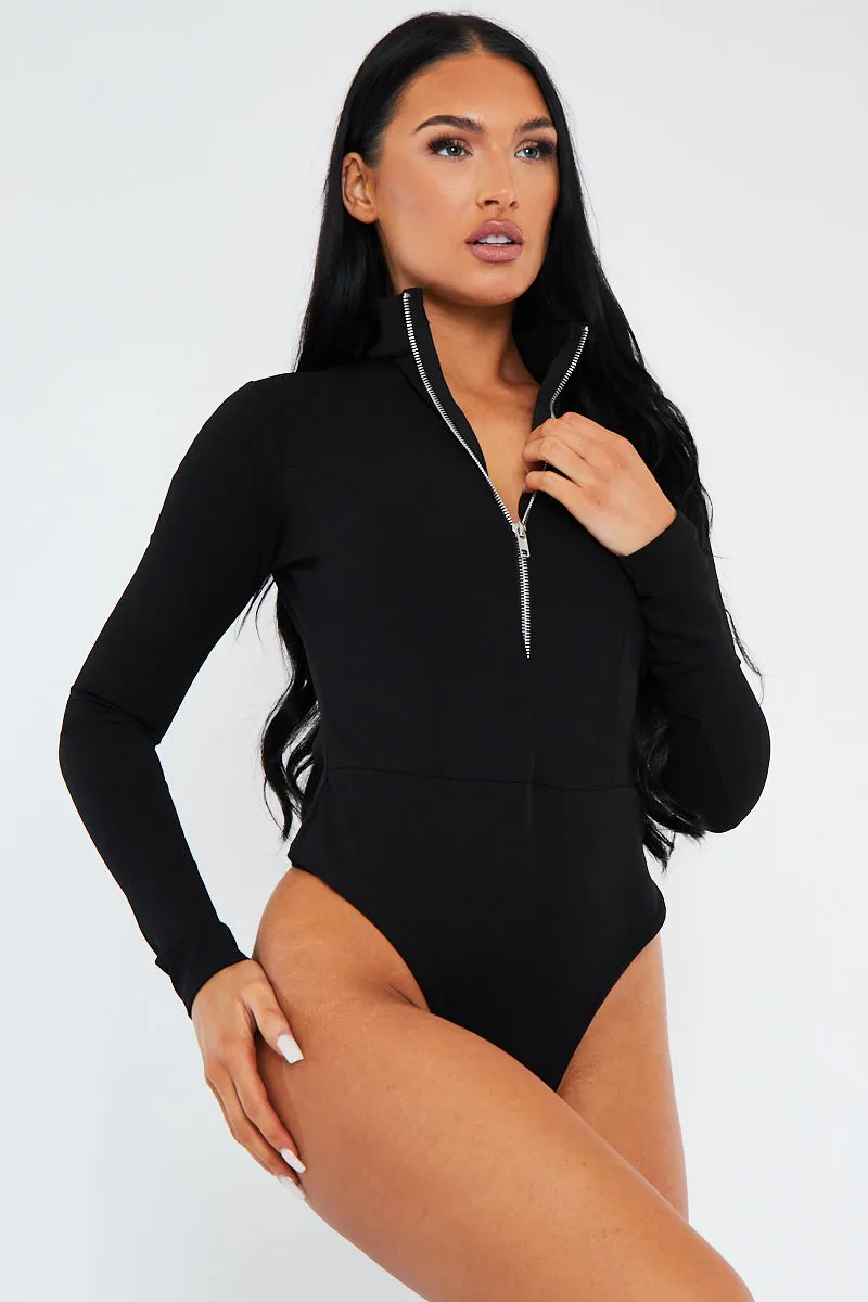 Black Zip Up Front Bodysuit - Graylyn