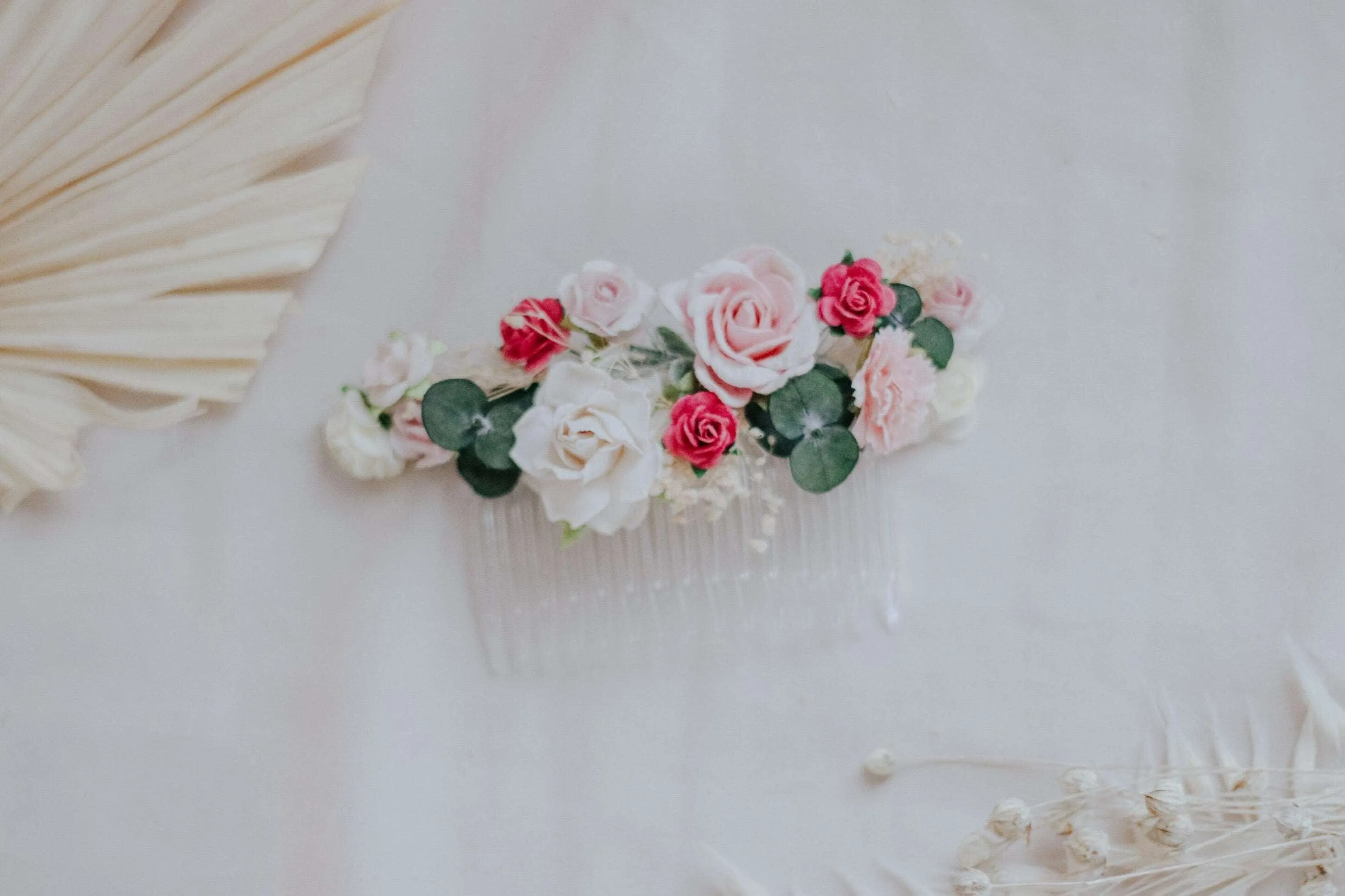 Blush Pink, White Mulberry Paper Rose Wedding Comb with eucalyptus