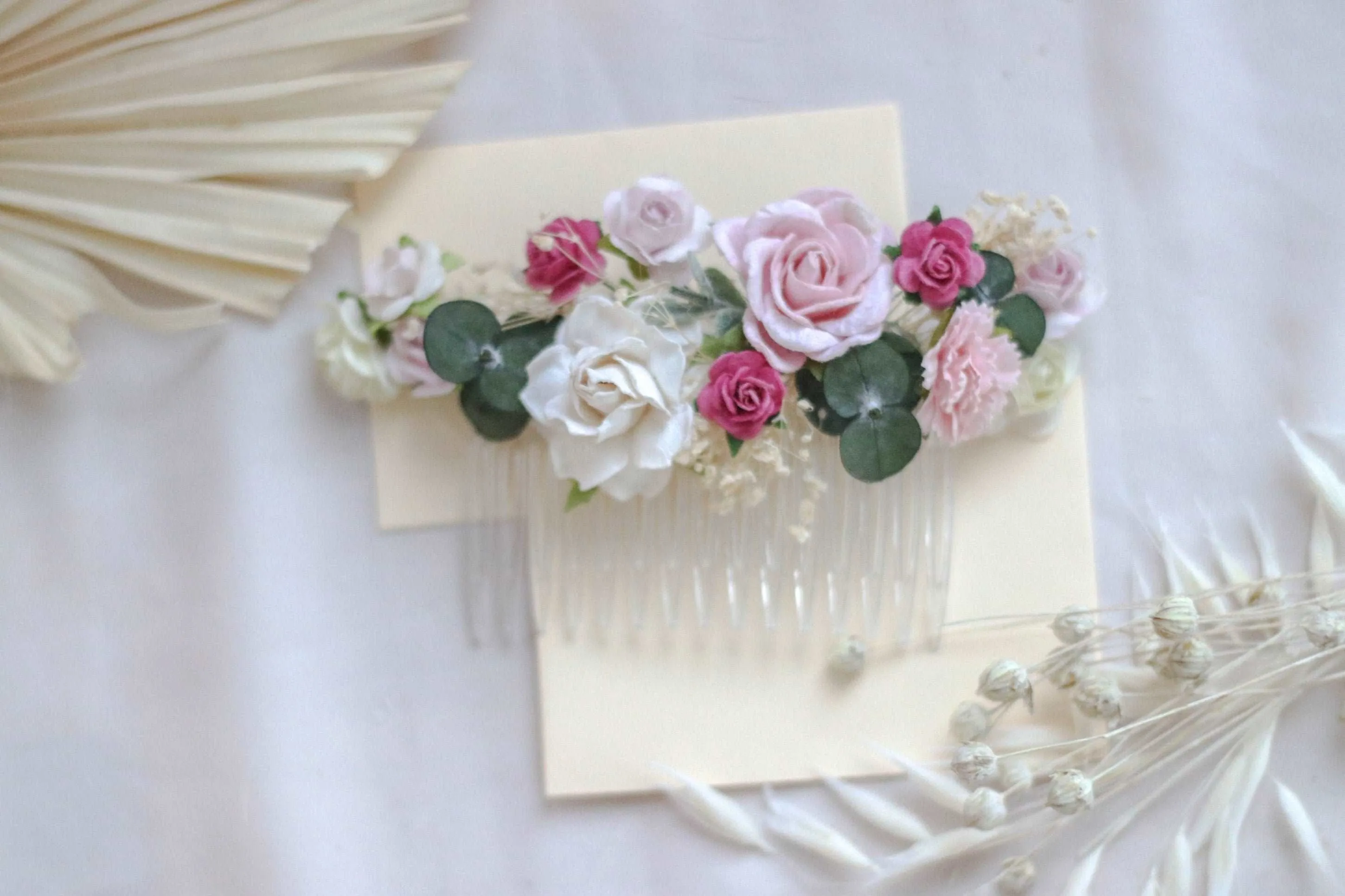 Blush Pink, White Mulberry Paper Rose Wedding Comb with eucalyptus