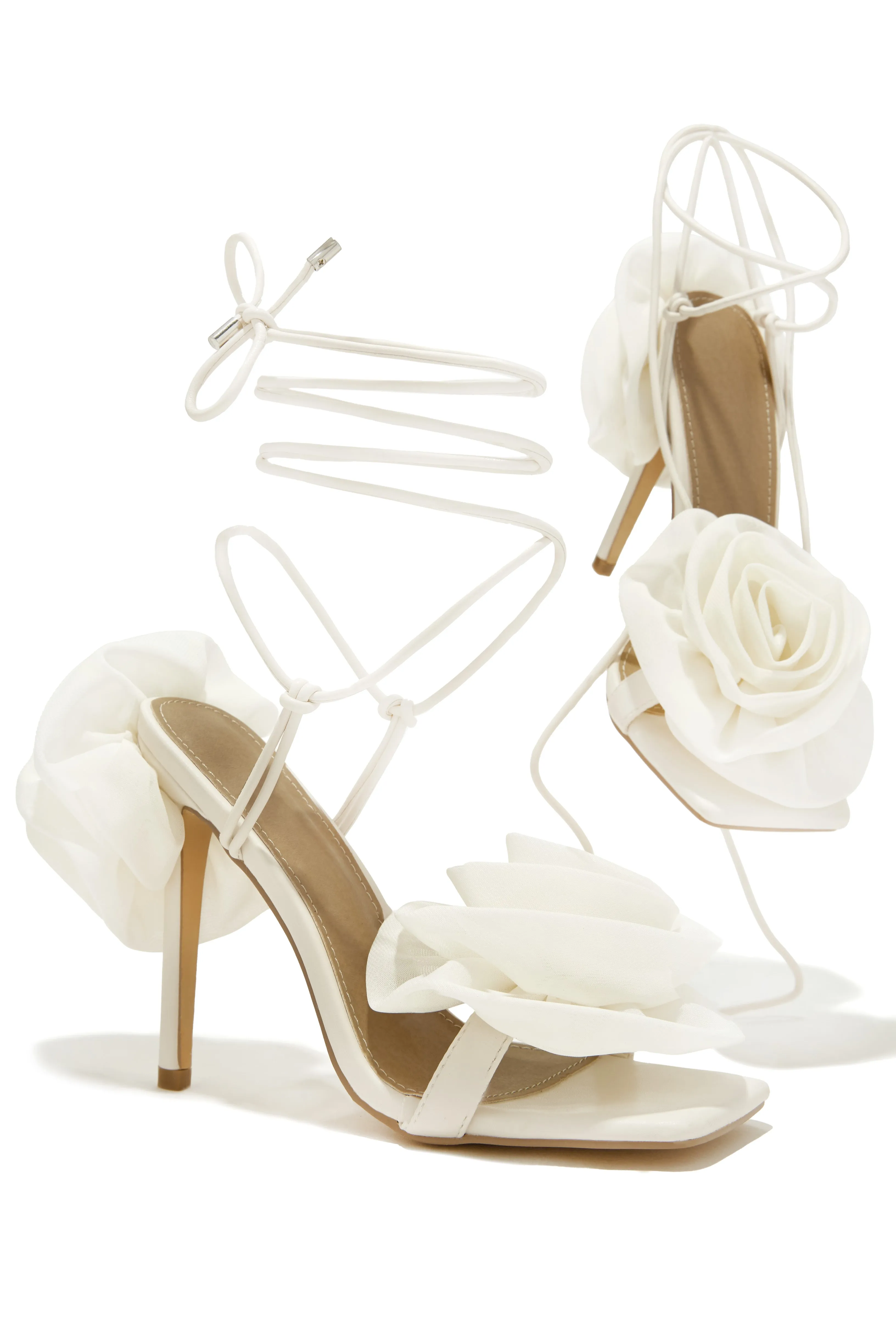 Divine Bloom Rosette Lace Up Heels - Cream