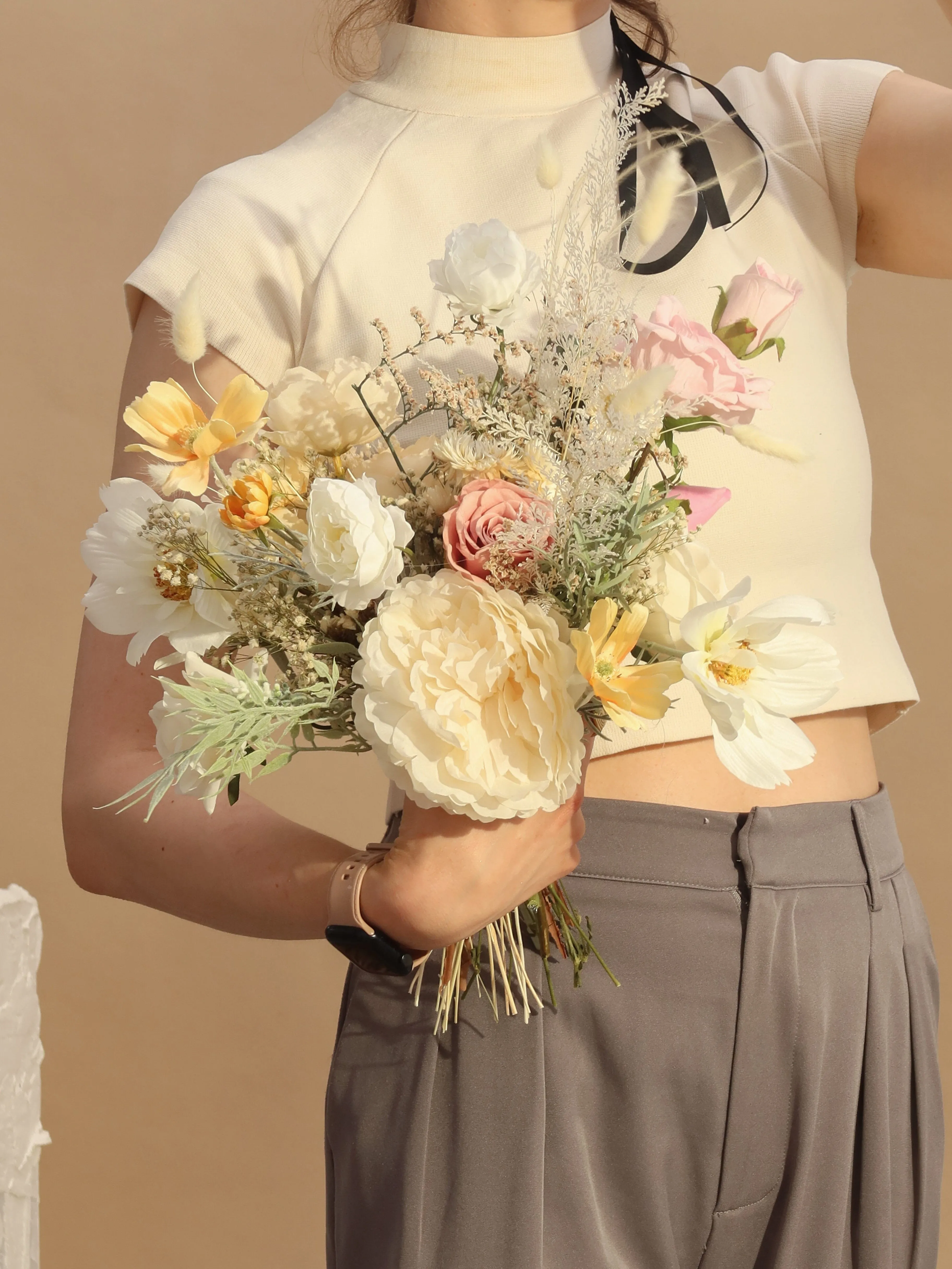 Dried and Artificial Flowers Bridal Bouquet - Yellow & Pink