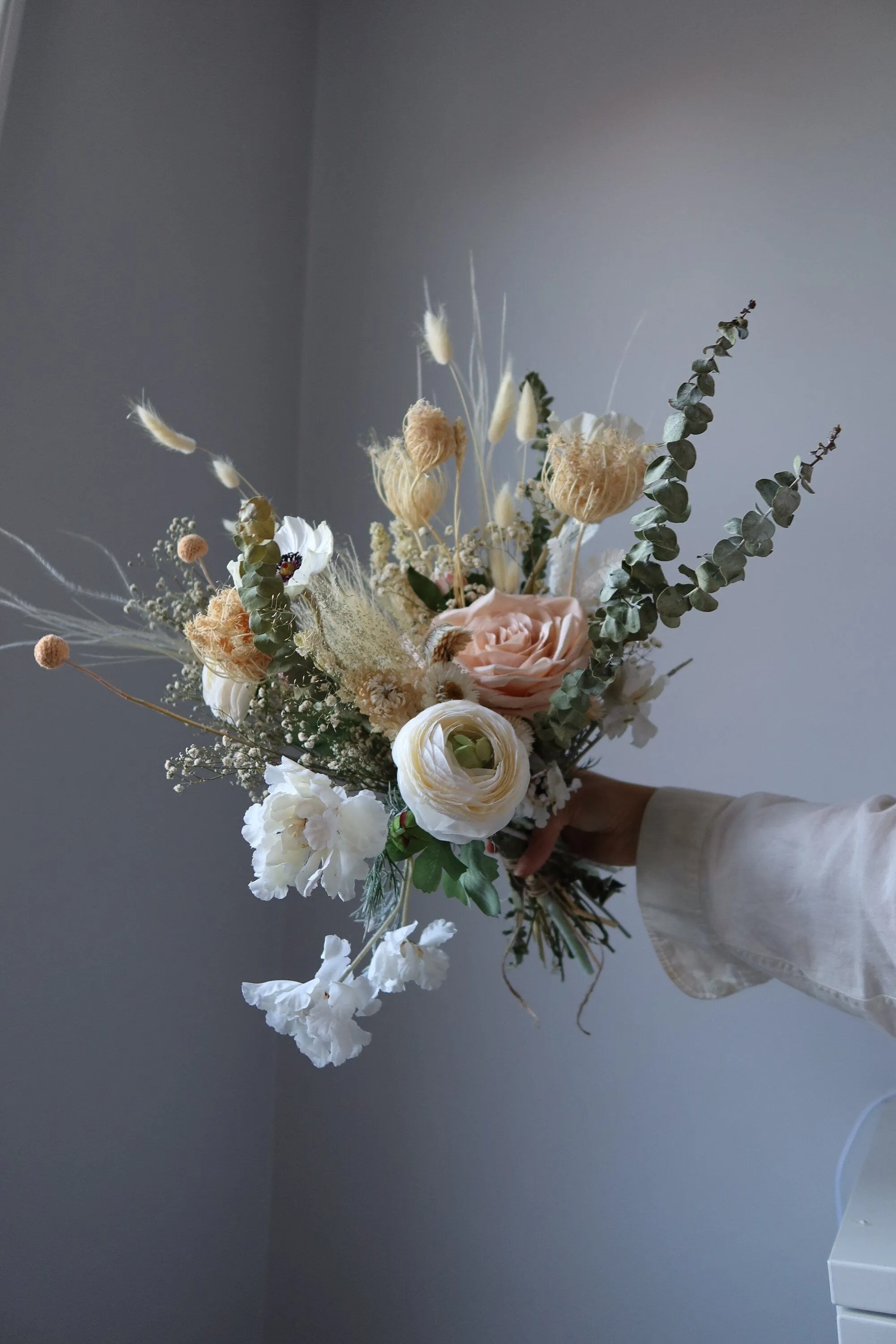 Dried Eucalyptus, Nude Tones Dried Wildflowers / Artificial Black Eyed Anemone Bouquet / Bridal Boho Wedding Bouquet / Pink Bouquet / Peach