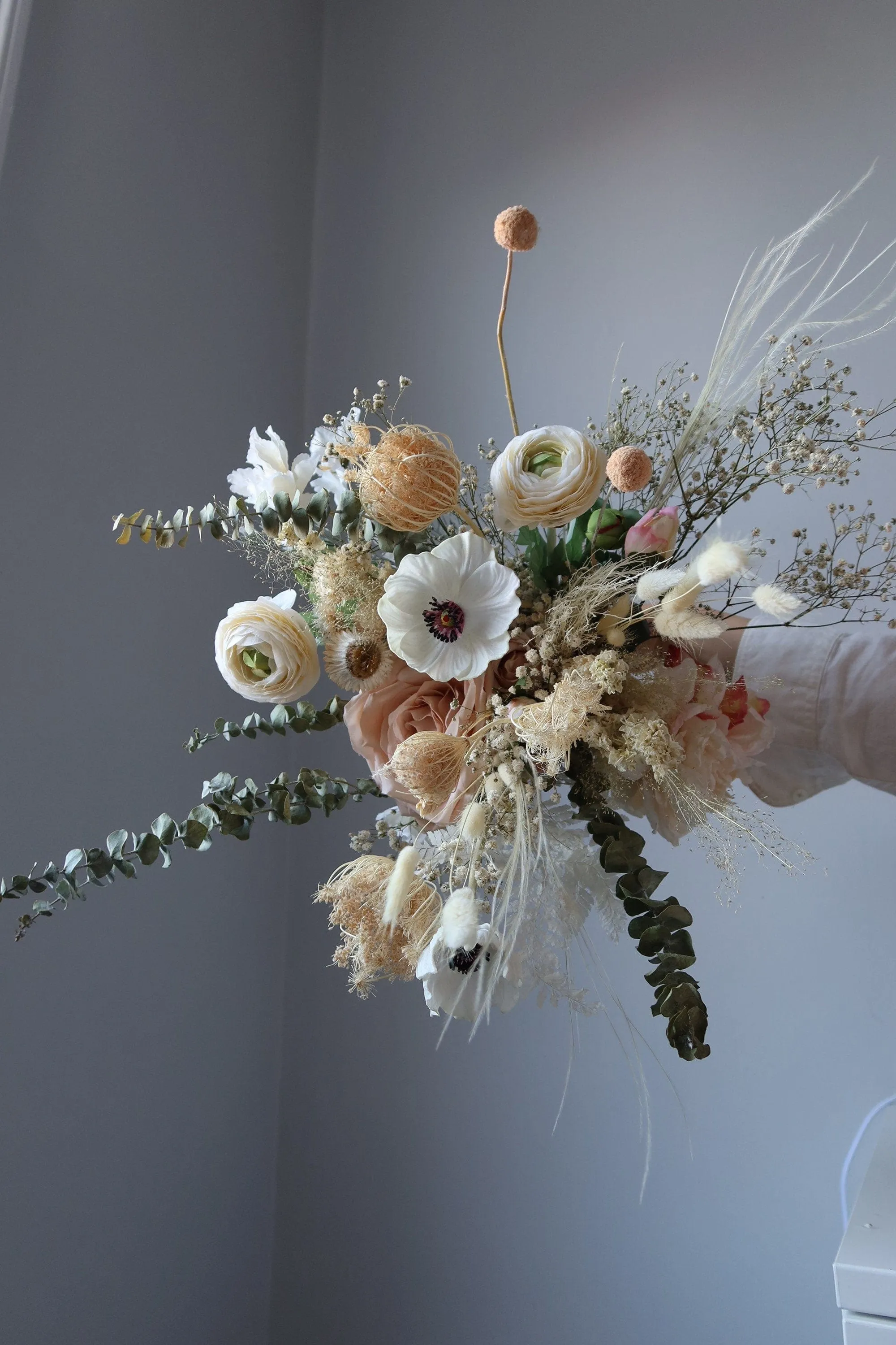 Dried Eucalyptus, Nude Tones Dried Wildflowers / Artificial Black Eyed Anemone Bouquet / Bridal Boho Wedding Bouquet / Pink Bouquet / Peach