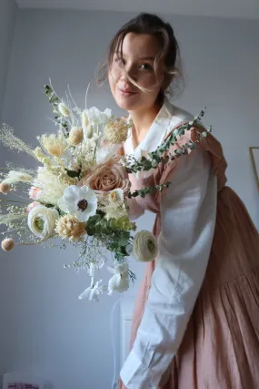 Dried Eucalyptus, Nude Tones Dried Wildflowers / Artificial Black Eyed Anemone Bouquet / Bridal Boho Wedding Bouquet / Pink Bouquet / Peach