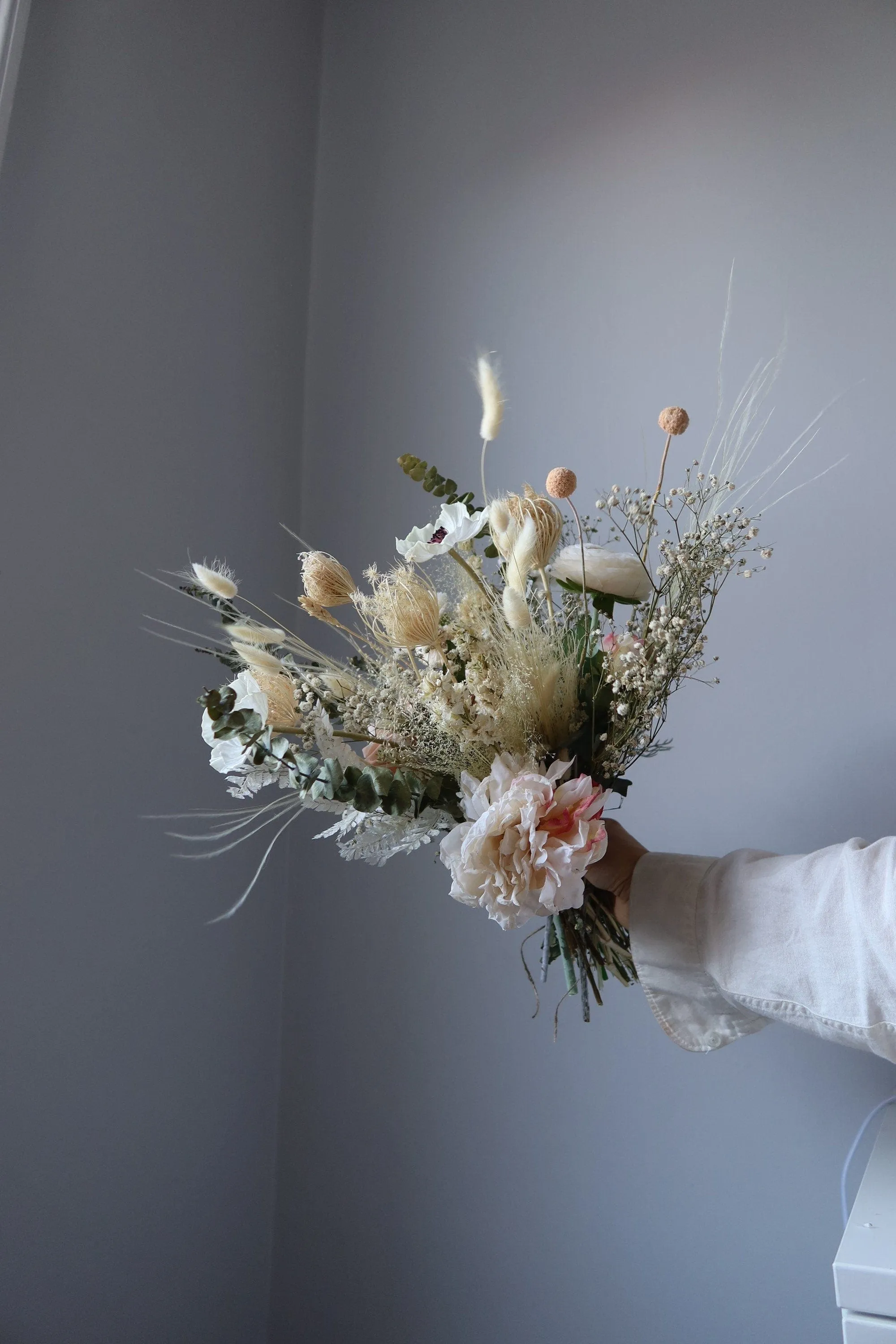 Dried Eucalyptus, Nude Tones Dried Wildflowers / Artificial Black Eyed Anemone Bouquet / Bridal Boho Wedding Bouquet / Pink Bouquet / Peach