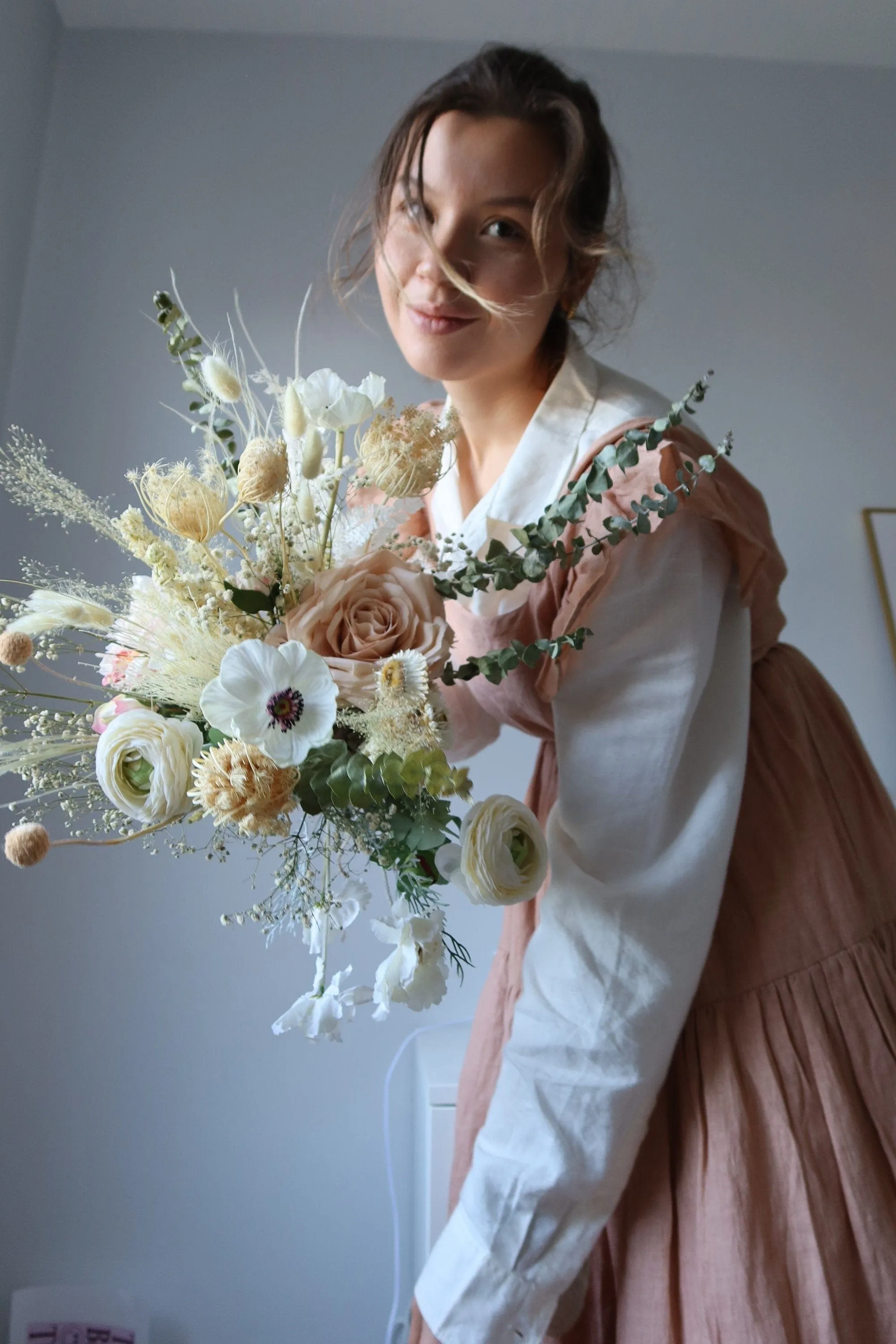 Dried Eucalyptus, Nude Tones Dried Wildflowers / Artificial Black Eyed Anemone Bouquet / Bridal Boho Wedding Bouquet / Pink Bouquet / Peach