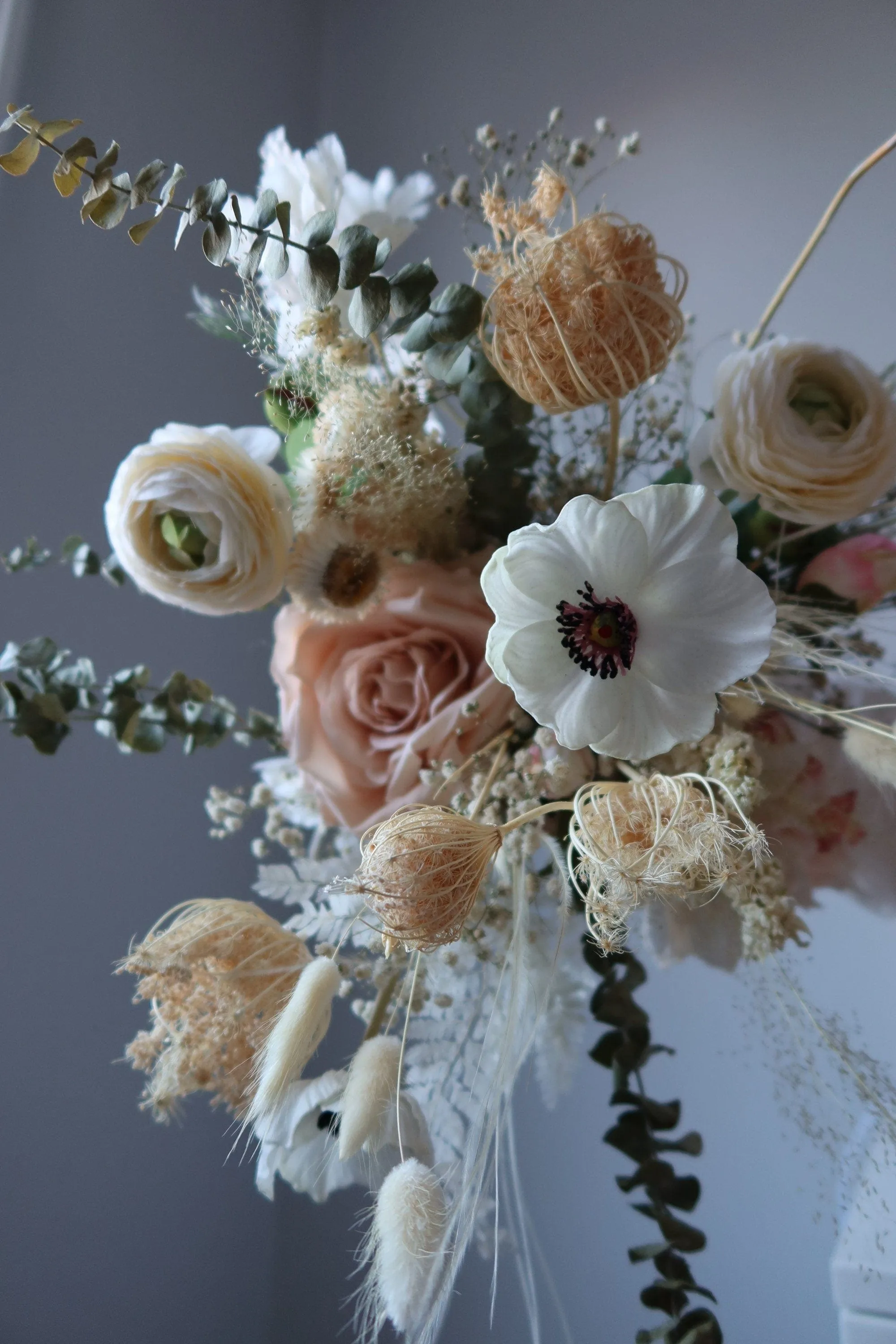 Dried Eucalyptus, Nude Tones Dried Wildflowers / Artificial Black Eyed Anemone Bouquet / Bridal Boho Wedding Bouquet / Pink Bouquet / Peach