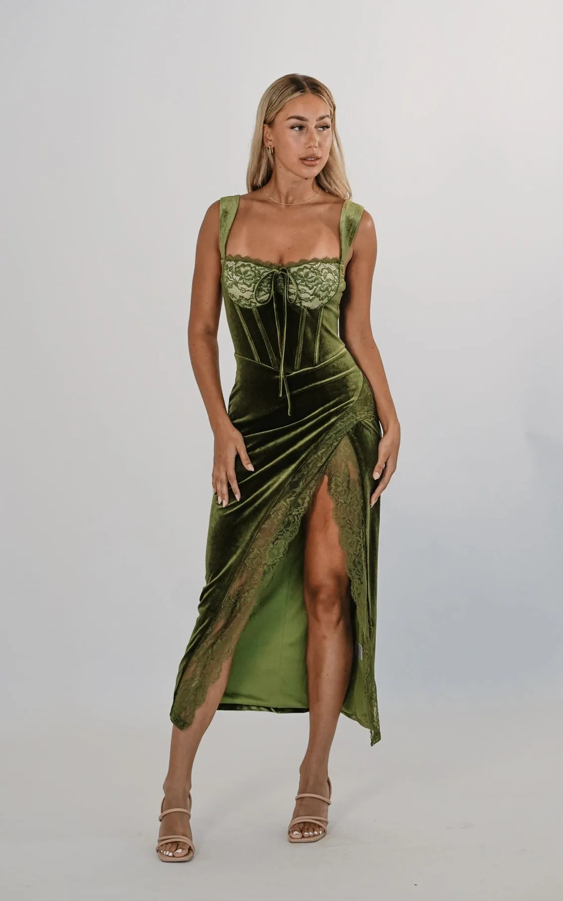 Elvissa Velvet Midi Dress - Olive