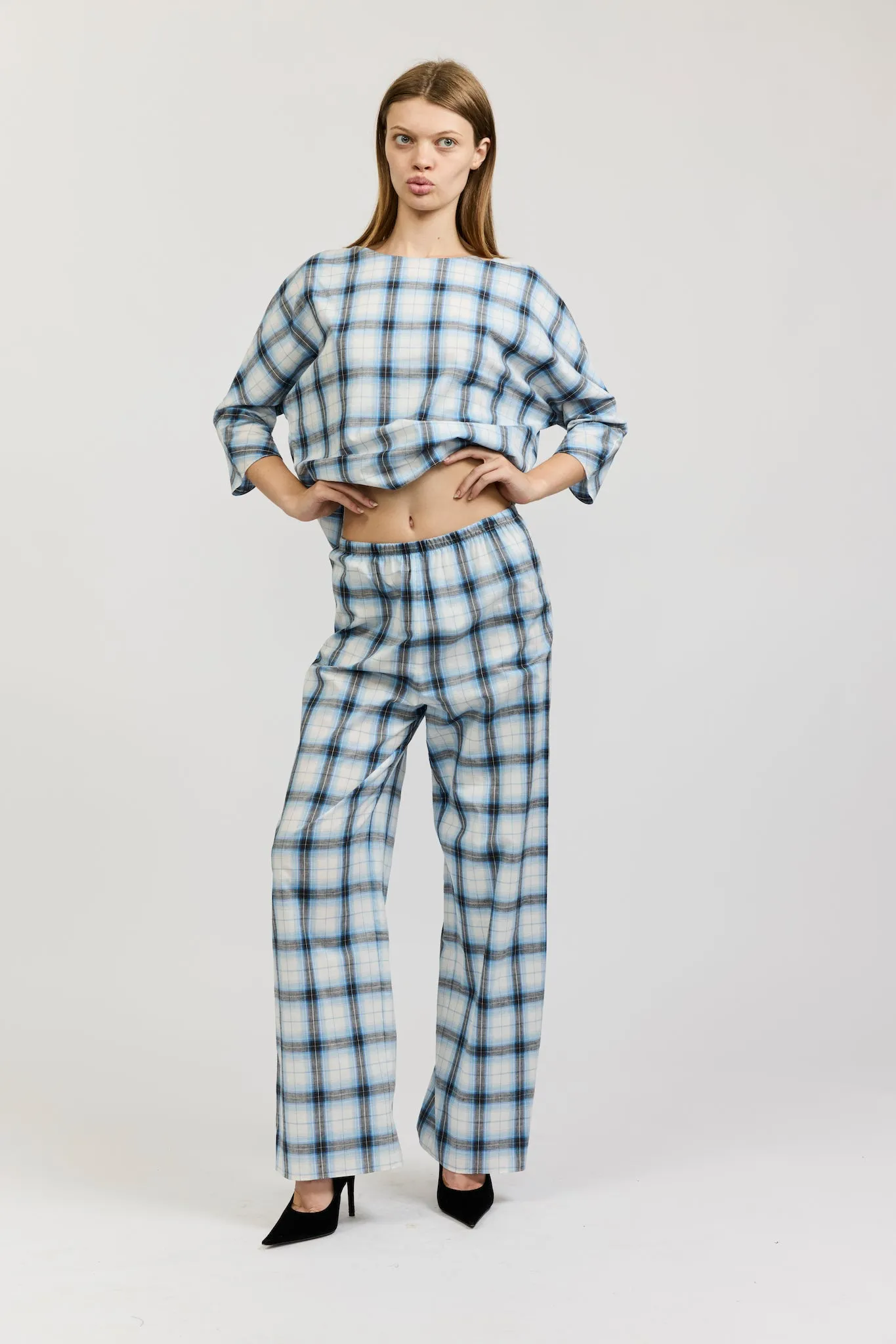 Erin Top in Blue Cotton Check