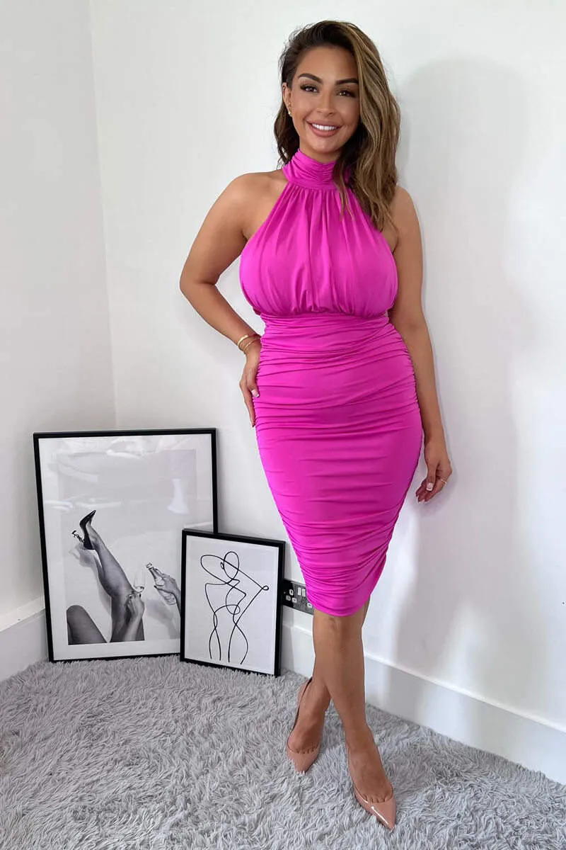 Faith Cerise Pink Ruched High Neck Midi Dress