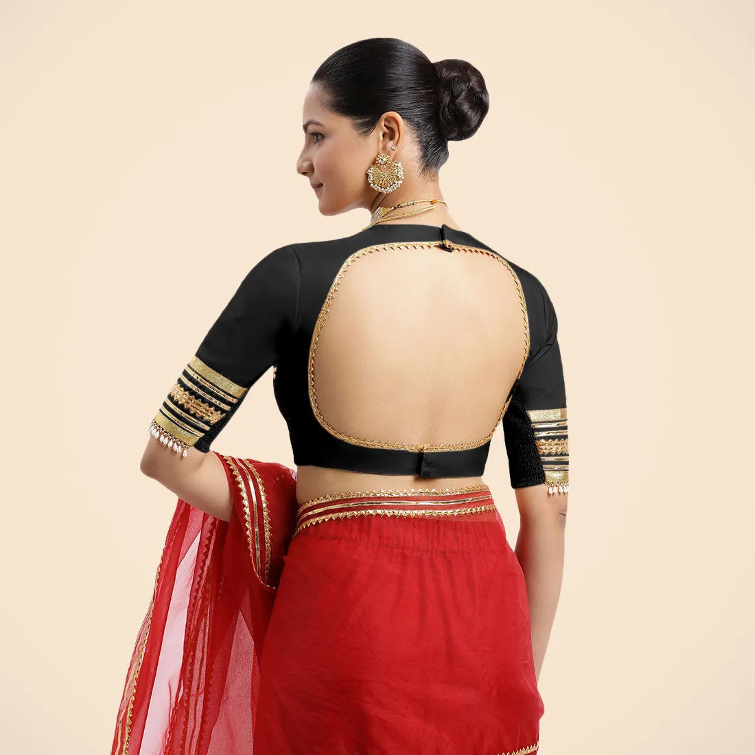 Farheen x Tyohaar | Charcoal Black Embellished Elbow Sleeves FlexiFit™ Saree Blouse with Zero Neck with Back Cut-Out and Golden Gota Embellishment