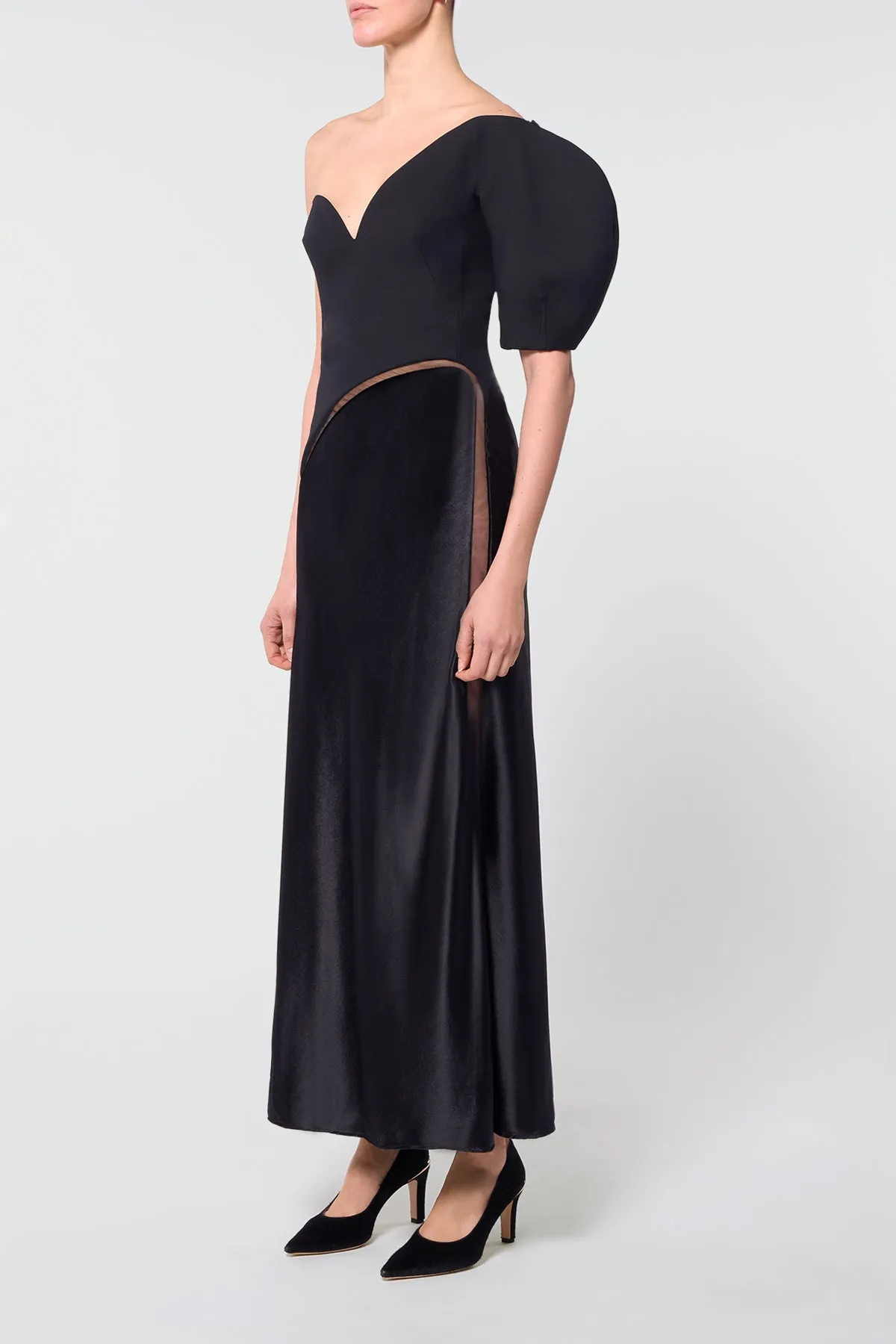 Giulia Dress in Black Wool Silk Cady & Silk Velvet