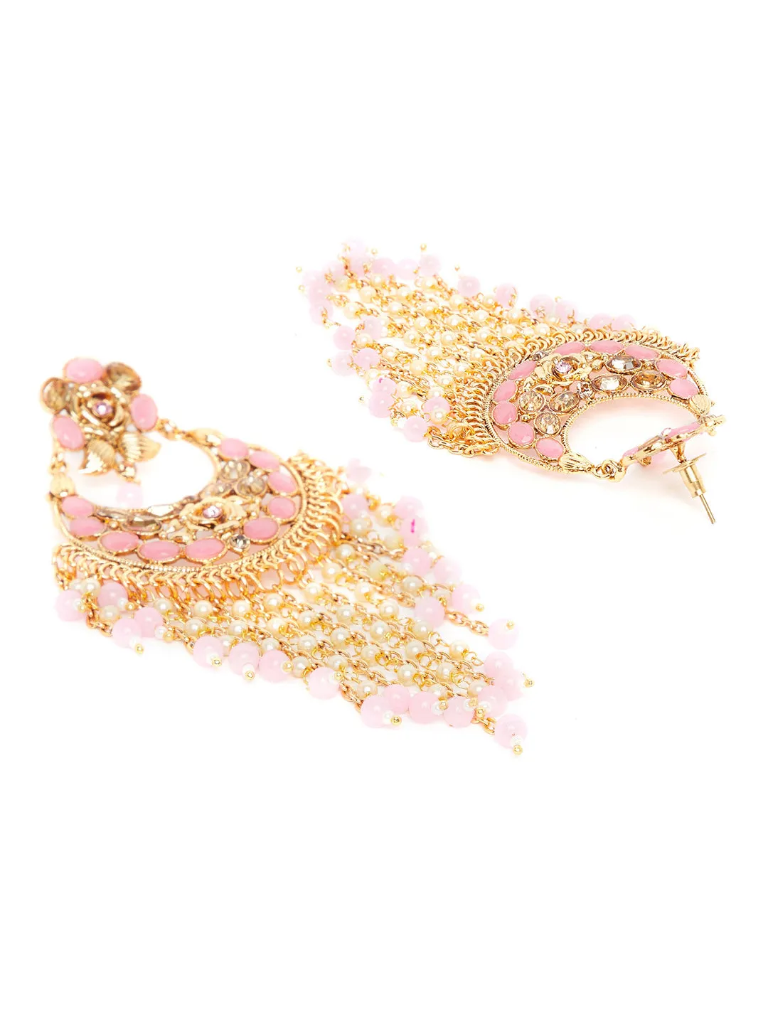 Gold-Plated & Pink Handcrafted Crescent Shaped Embellished Chandbalis