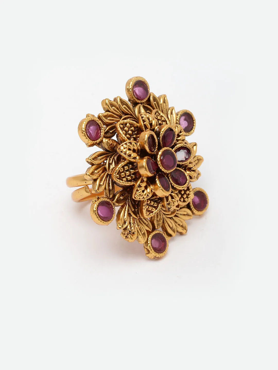 Gold-Plated & Toned Pink Artificial Stones Studded Ring