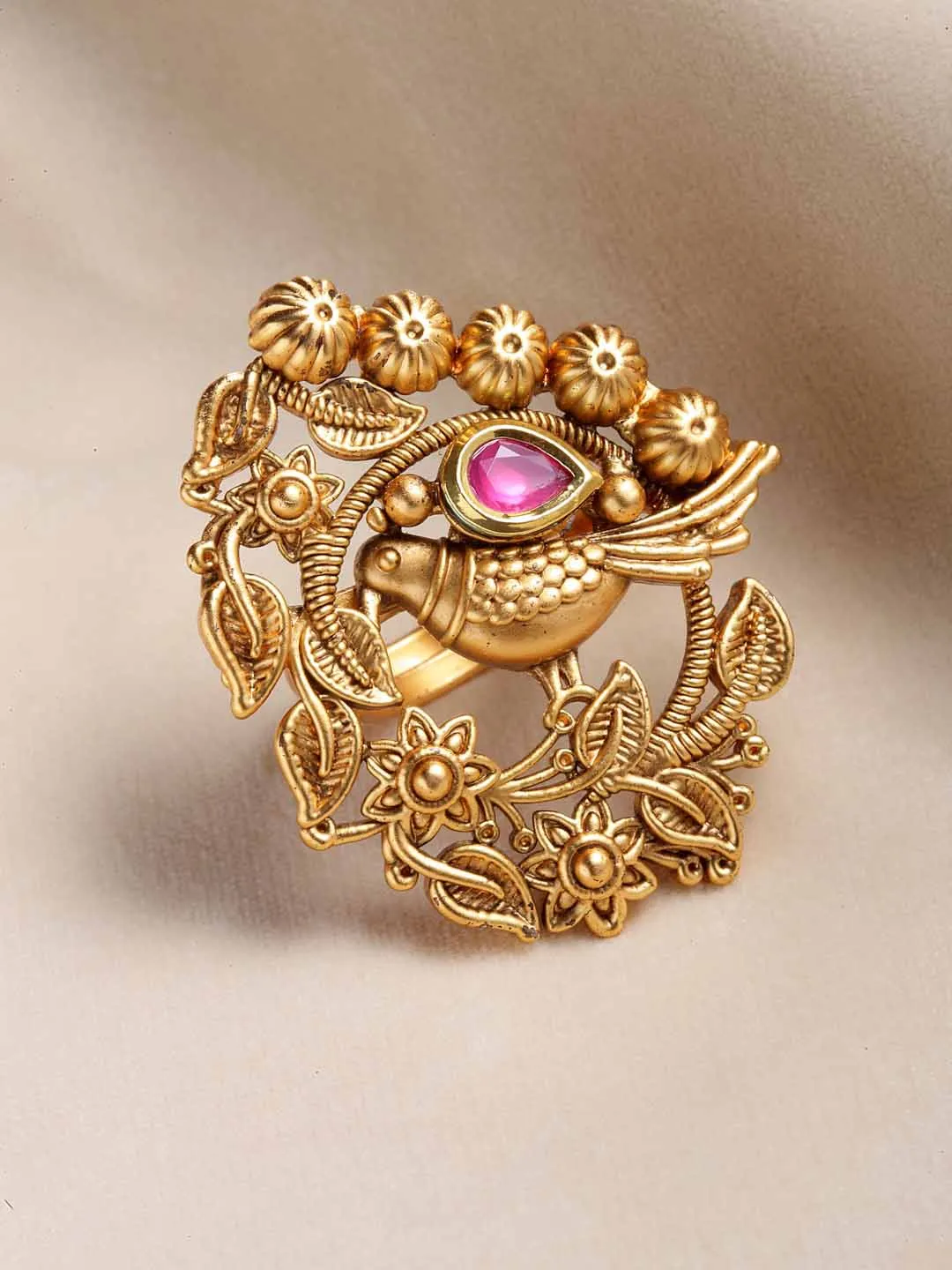 Gold-Plated Pink Stone-Studded Finger Ring