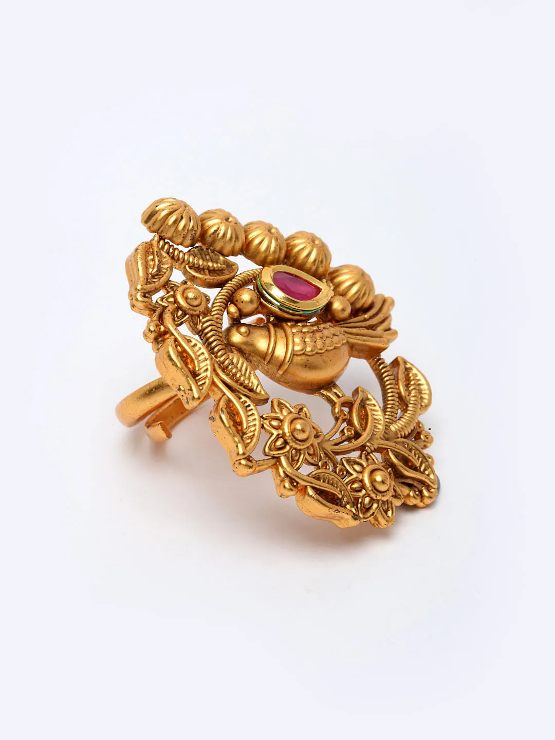 Gold-Plated Pink Stone-Studded Finger Ring