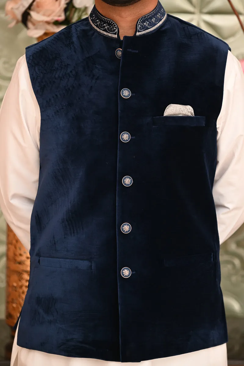 Men Velvet Waistcoat Blue