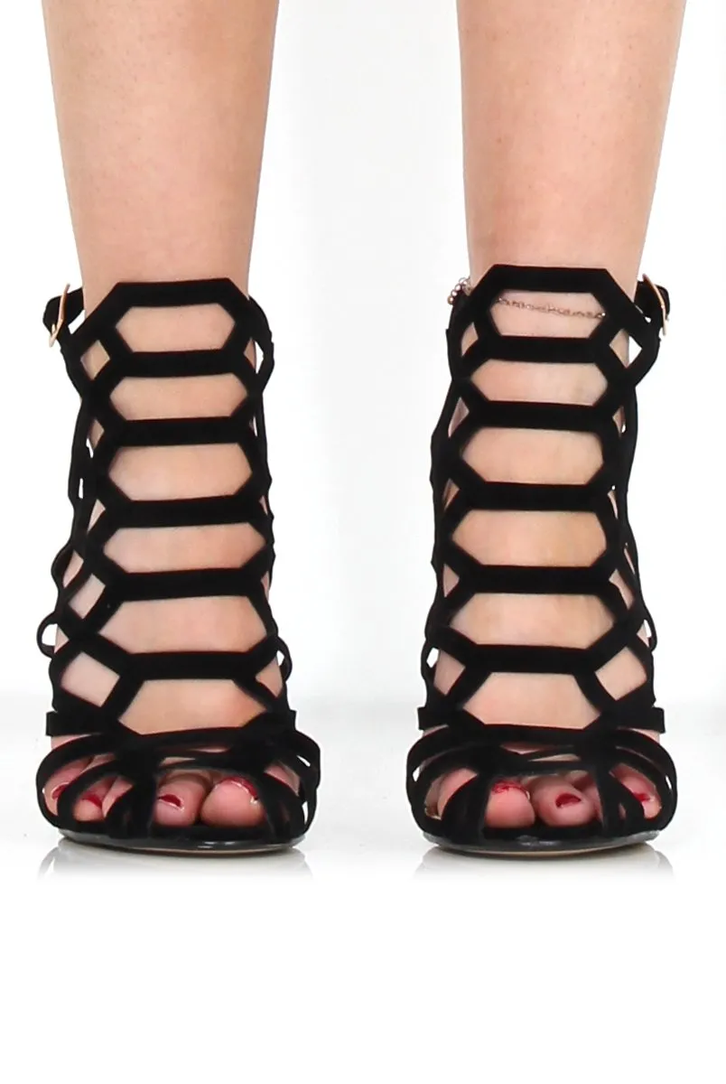 Merci Black Suede Caged Heels