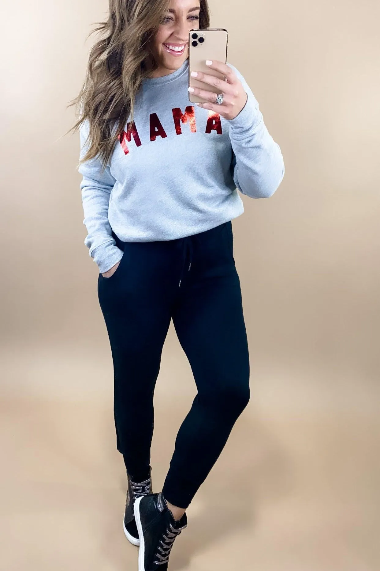 Metallic MAMA- {Mauve & Heather Gray} Red Metallic Graphic Sweatshirt