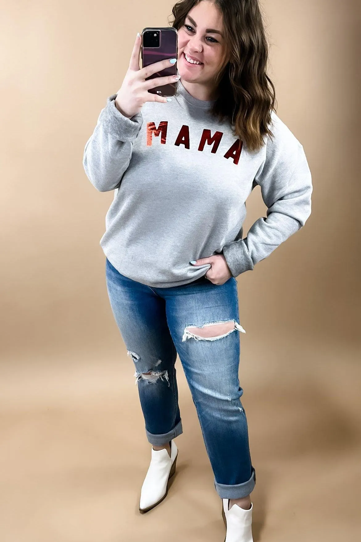 Metallic MAMA- {Mauve & Heather Gray} Red Metallic Graphic Sweatshirt