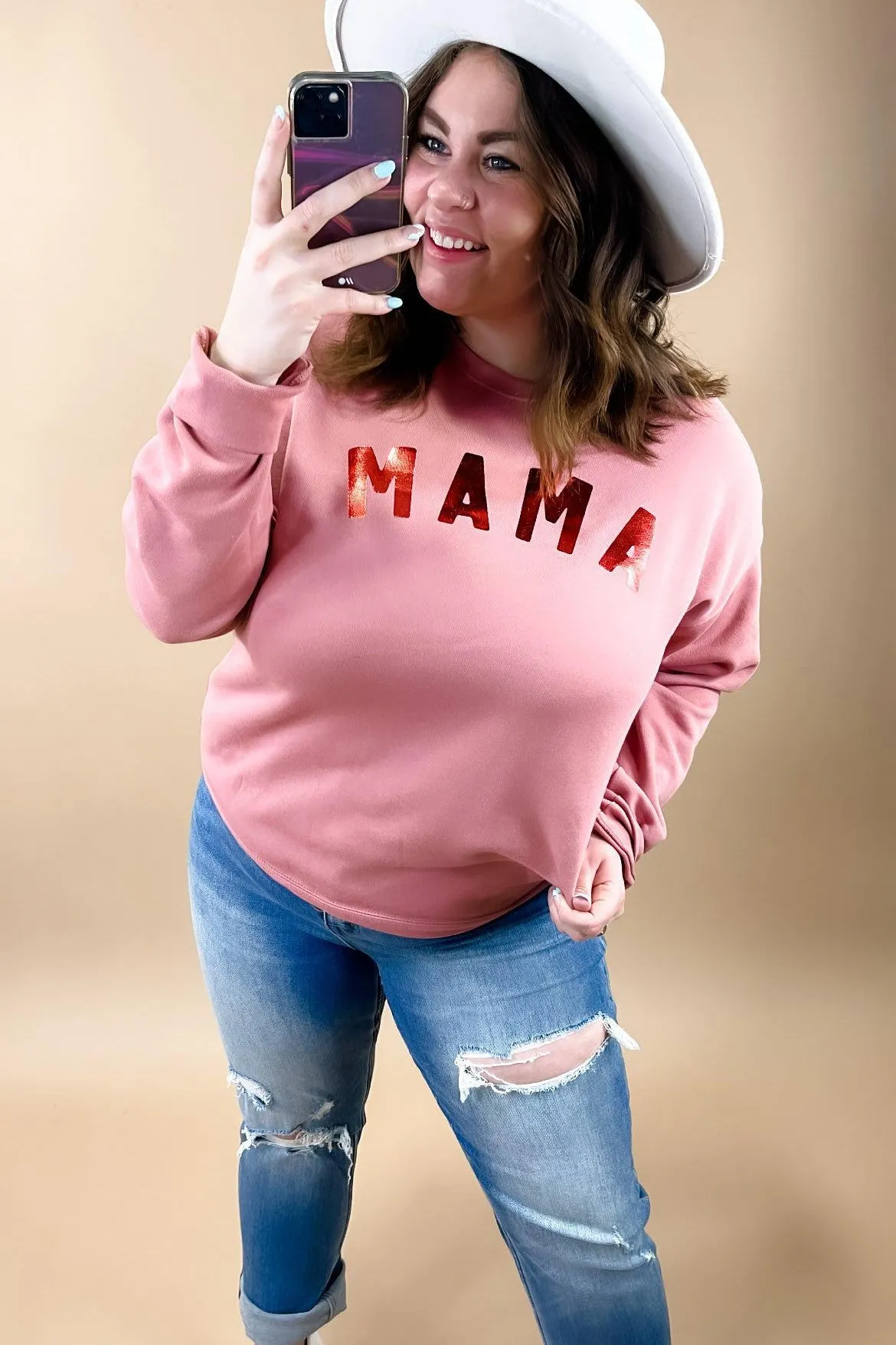 Metallic MAMA- {Mauve & Heather Gray} Red Metallic Graphic Sweatshirt