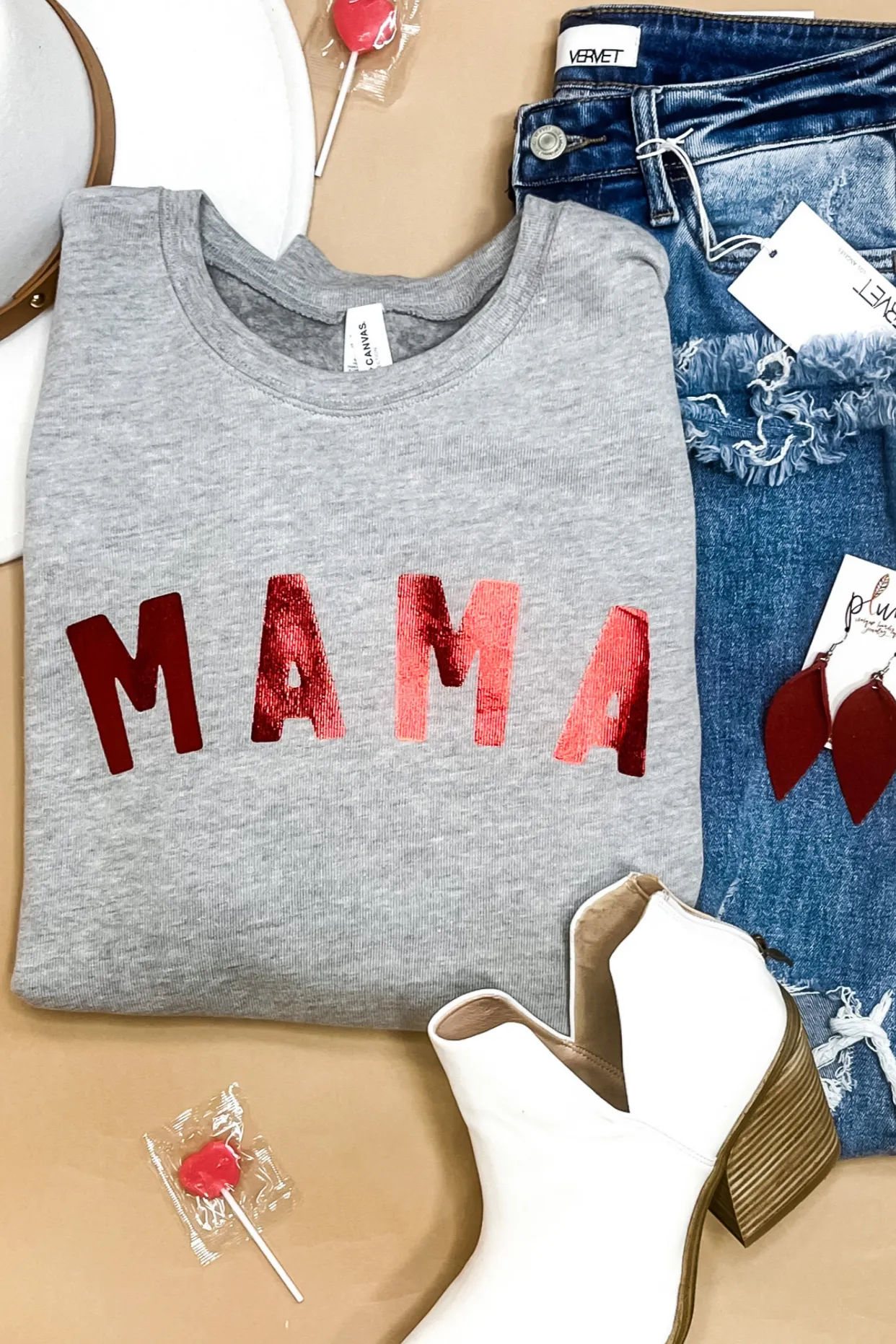 Metallic MAMA- {Mauve & Heather Gray} Red Metallic Graphic Sweatshirt