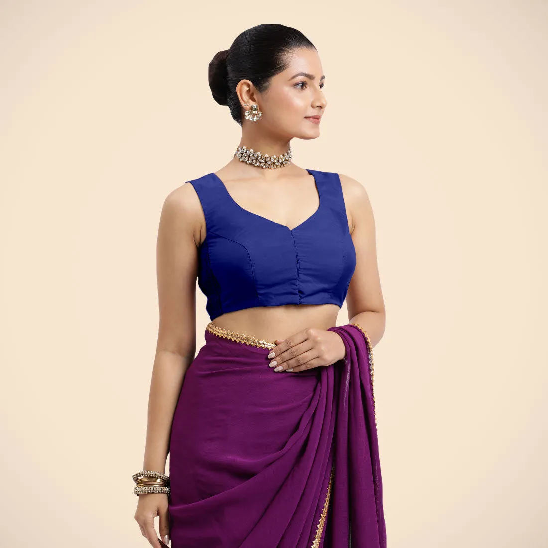 Nazia x Rozaana | Cobalt Blue Sleeveless FlexiFit™ Saree Blouse with Front Open Curved V Neckline with Deep Back and Dori