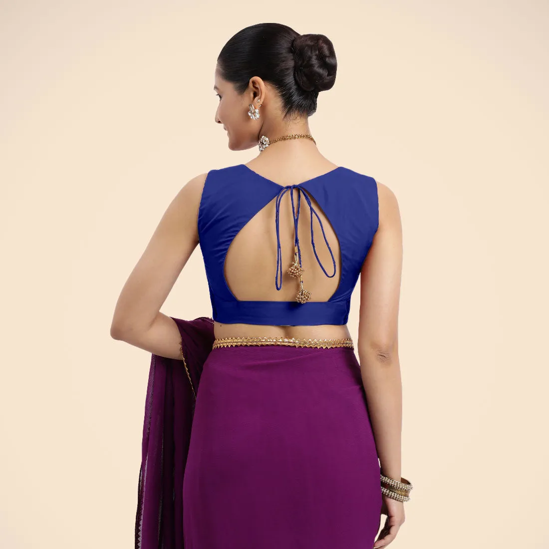 Nazia x Rozaana | Cobalt Blue Sleeveless FlexiFit™ Saree Blouse with Front Open Curved V Neckline with Deep Back and Dori