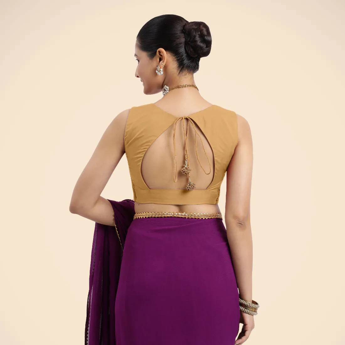 Nazia x Rozaana | Gold Sleeveless FlexiFit™ Saree Blouse with Front Open Curved V Neckline with Deep Back and Dori