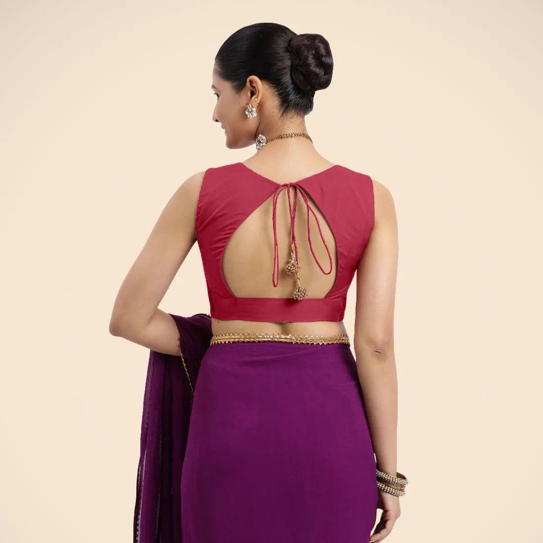 Nazia x Rozaana | Rani Pink Sleeveless FlexiFit™ Saree Blouse with Front Open Curved V Neckline with Deep Back and Dori