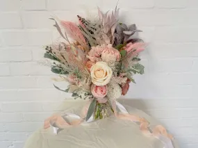 Pastel Pink Artificial Roses & Eucalyptus Boho Bridal Bouquet / Fake Flower Wedding Bouquet