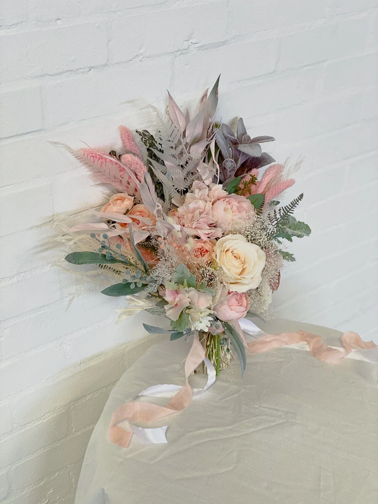 Pastel Pink Artificial Roses & Eucalyptus Boho Bridal Bouquet / Fake Flower Wedding Bouquet