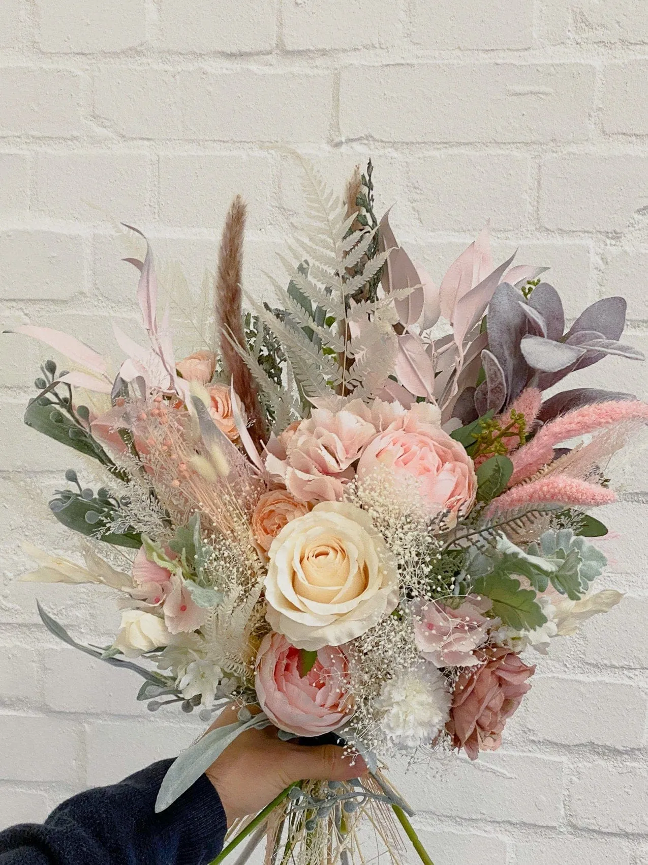 Pastel Pink Artificial Roses & Eucalyptus Boho Bridal Bouquet / Fake Flower Wedding Bouquet