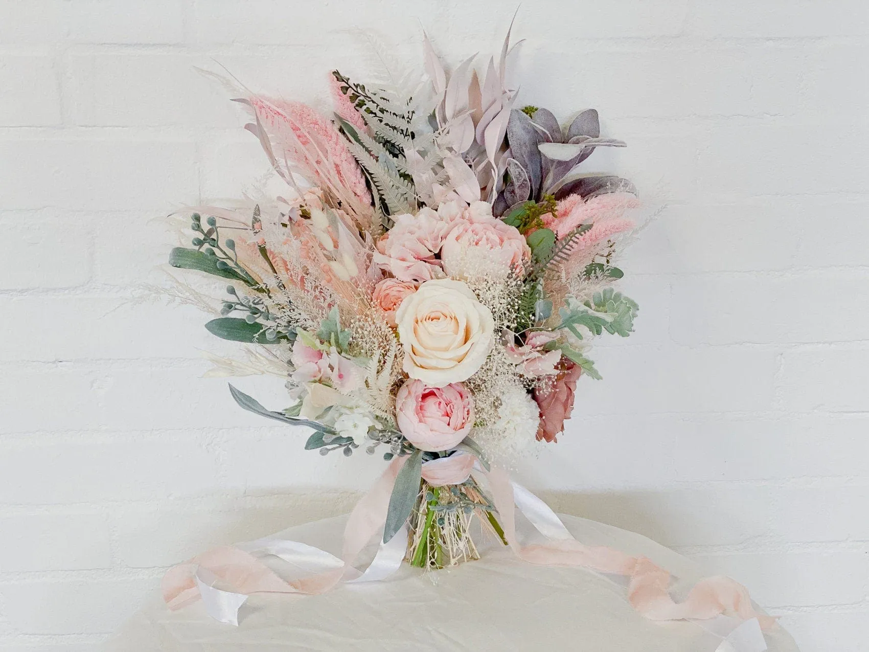 Pastel Pink Artificial Roses & Eucalyptus Boho Bridal Bouquet / Fake Flower Wedding Bouquet