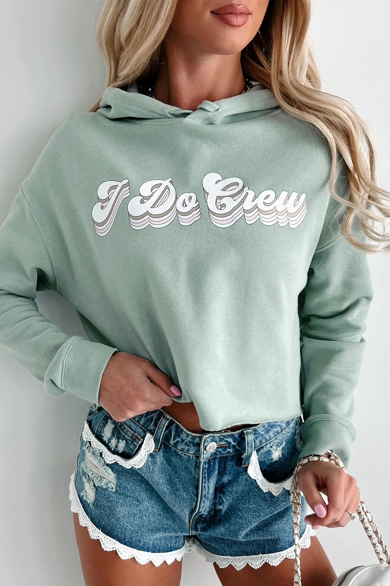 "I Do Crew" Metallic Graphic Crop Hoodie (Sage) - Print On Demand