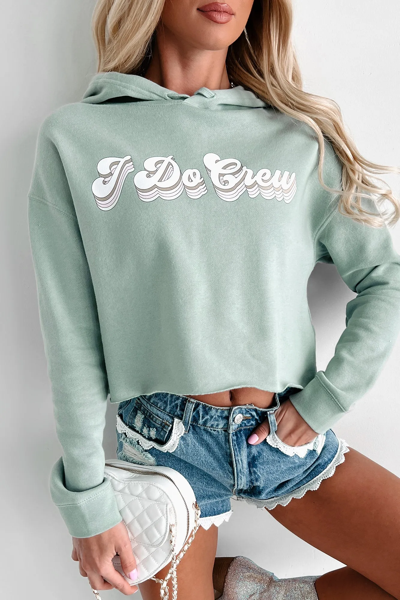 "I Do Crew" Metallic Graphic Crop Hoodie (Sage) - Print On Demand