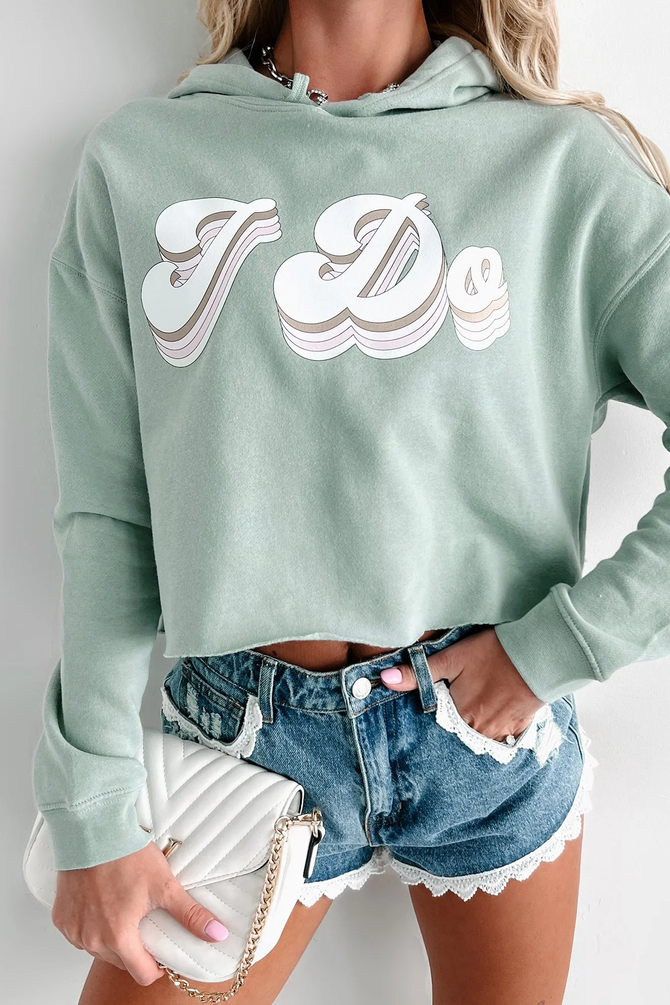 "I Do" Metallic Graphic Crop Hoodie (Sage) - Print On Demand