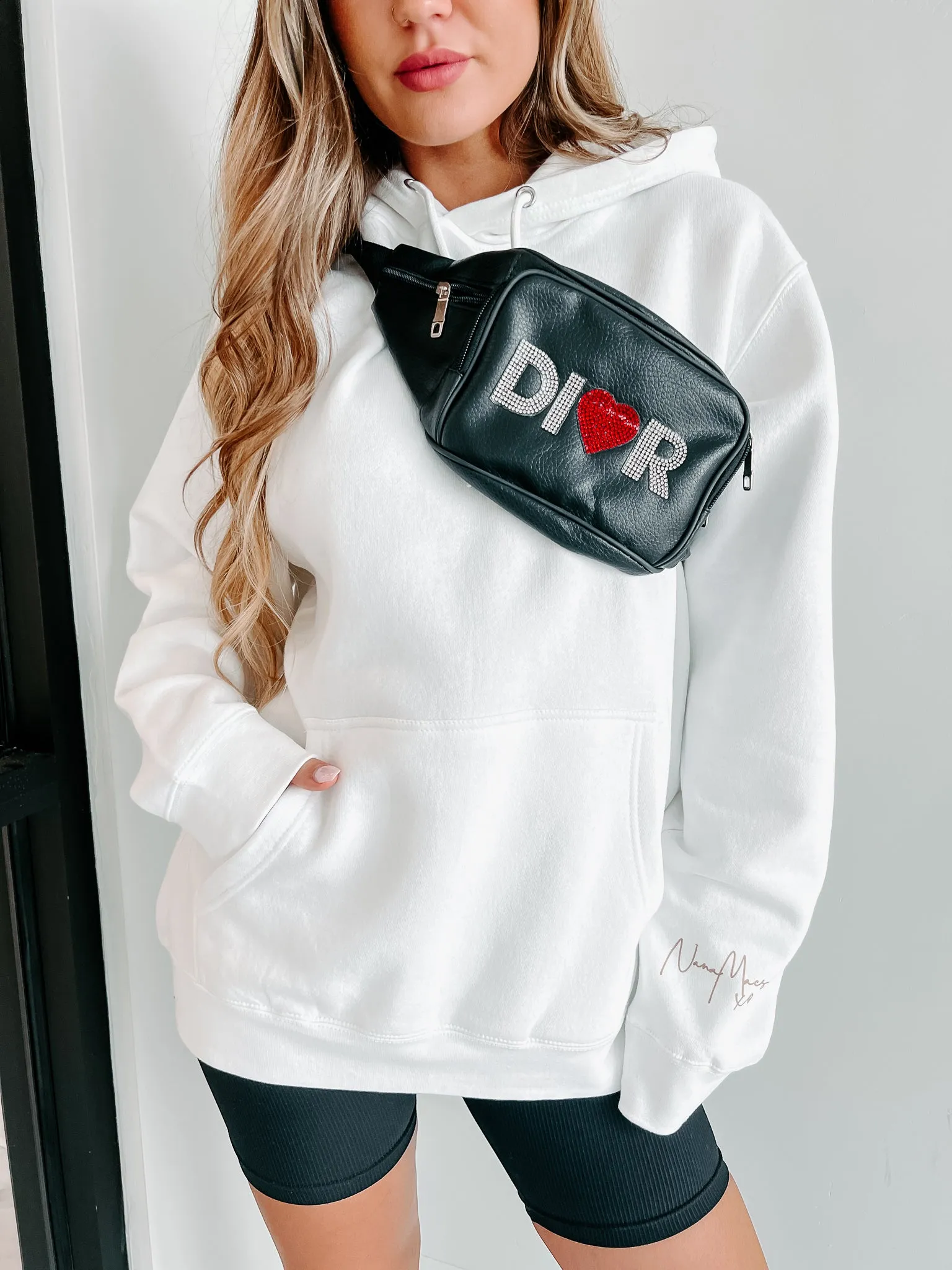 "NanaMacs XOXO" Graphic Hoodie (White/Taupe Text-Sleeve) - Print On Demand