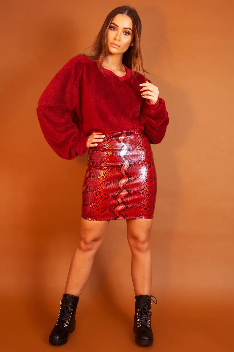 Red Snake Print Faux Leather Zip Skirt - Edda