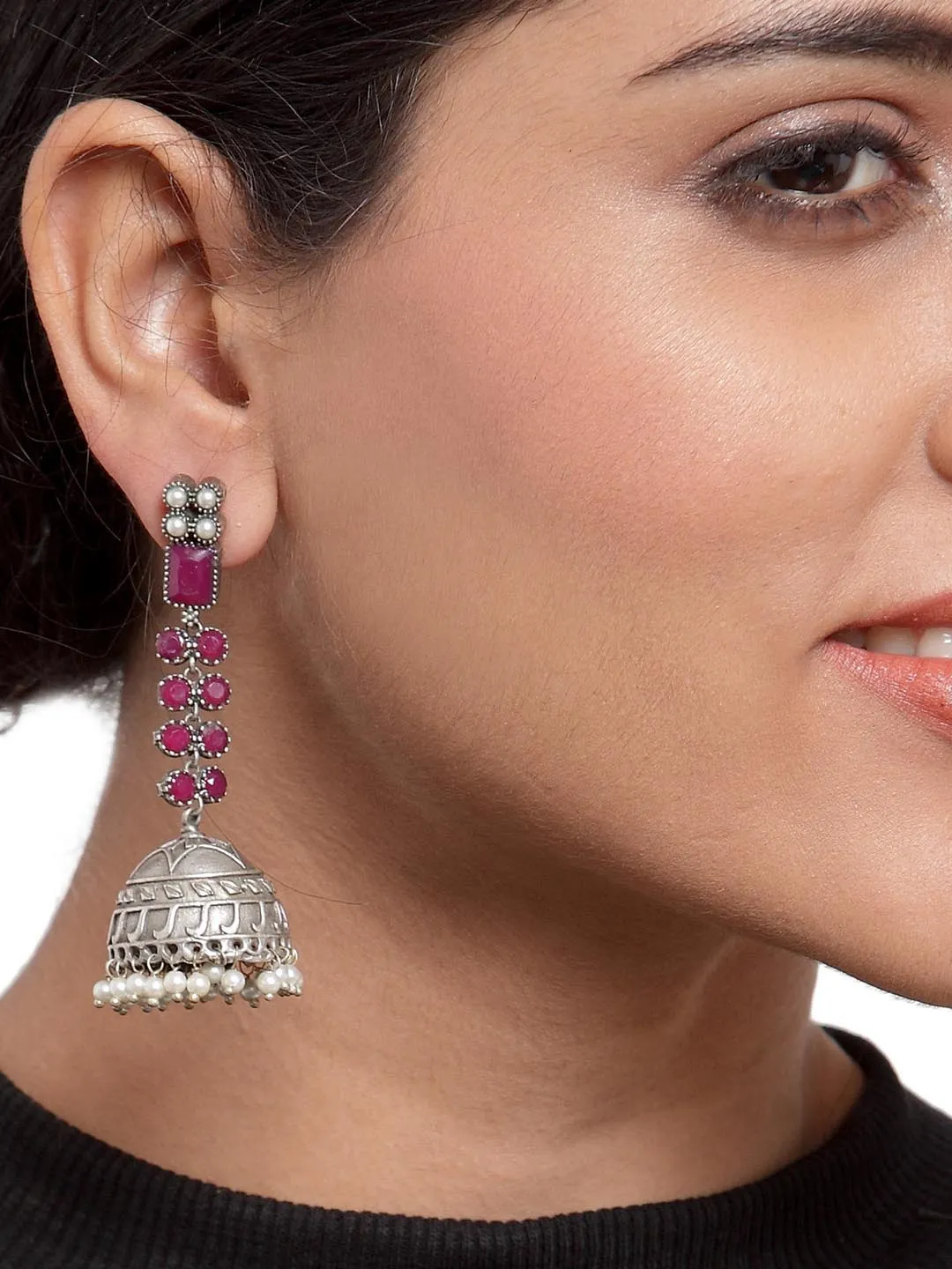 Silver-Plated & Pink Contemporary Jhumkas