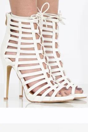 White Caged Lace Up Heels - Jane