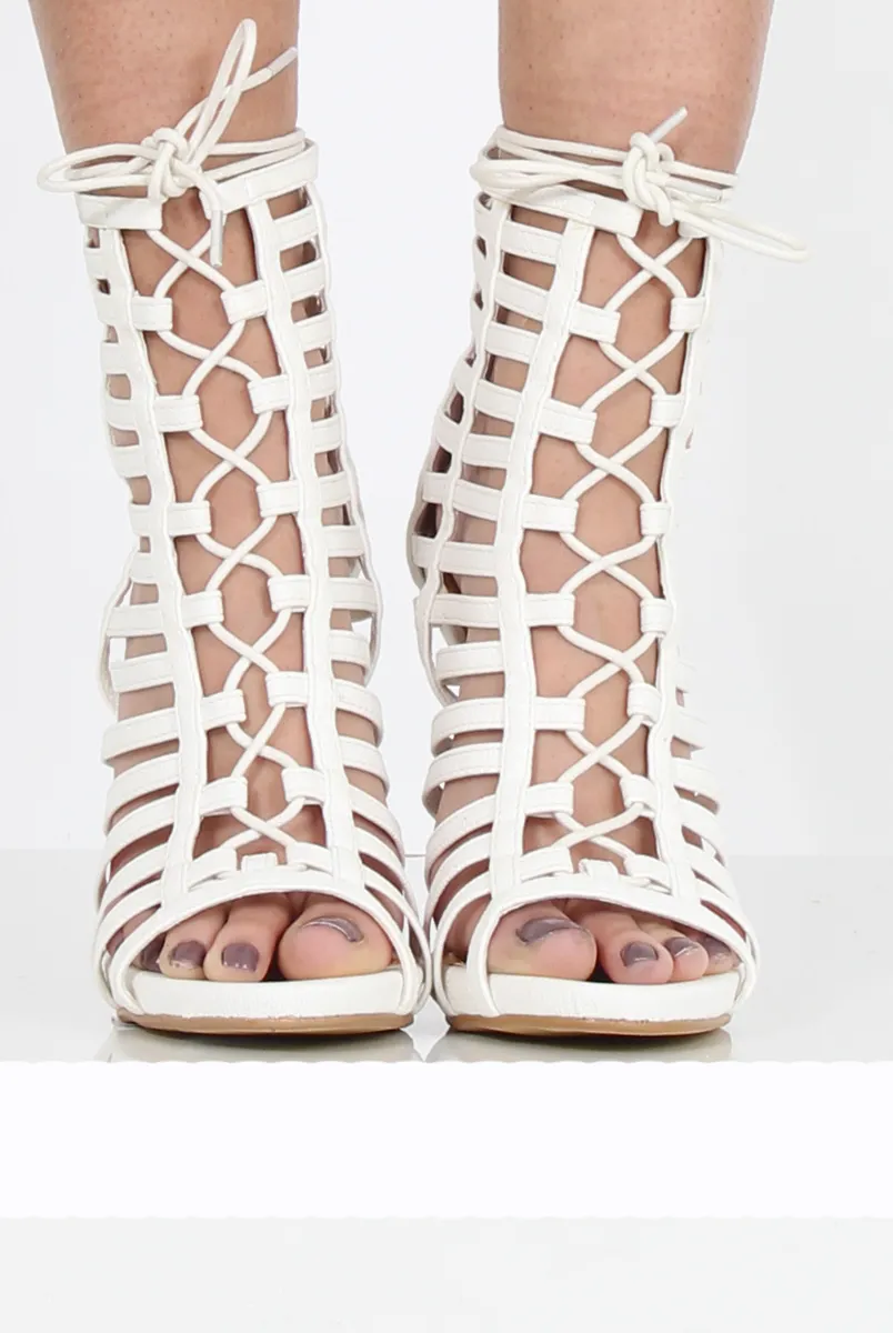 White Caged Lace Up Heels - Jane