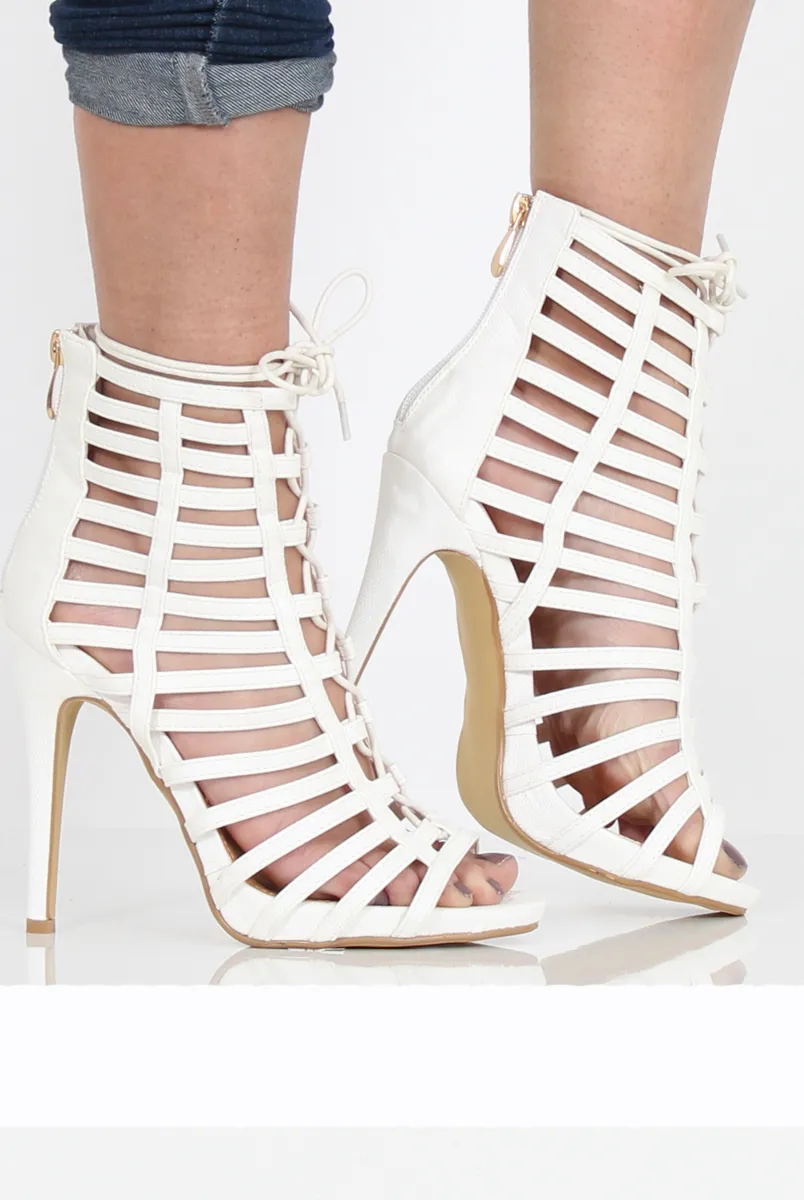 White Caged Lace Up Heels - Jane