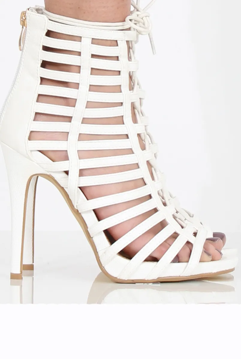 White Caged Lace Up Heels - Jane