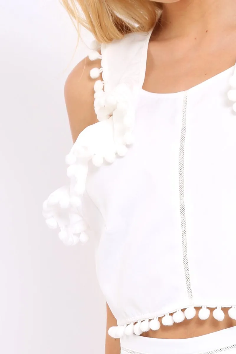 White Halterneck Pom Pom Hem Crop Top - Kenny